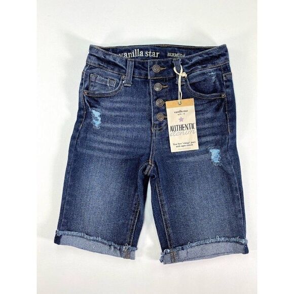 Vanilla Star Bermuda Mom Jean Shorts 24 0 Juniors' Distressed Dark Blue NEW - Picture 1 of 9